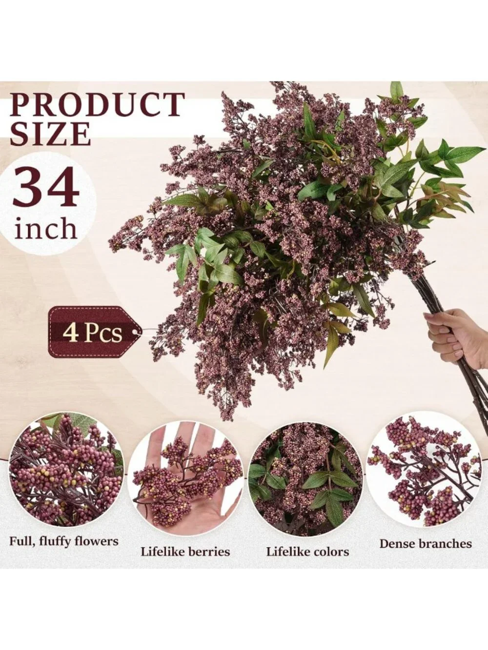 4Pcs 34in Purple Nandina Berry Stems - Full, Dense Branches for Floral